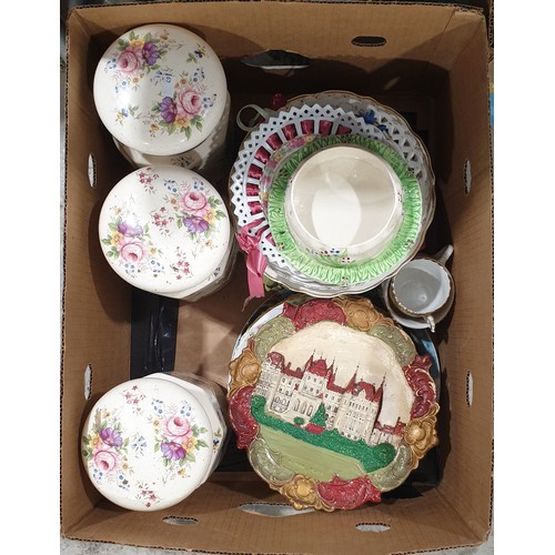 187 - A box of ceramics including three canisters. No shipping. Arrange collection or your own packer and ... 