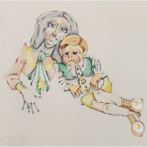 225 - (Gay?) Cooke: Two abstract figures, mixed media, signed and dated 1972, 12