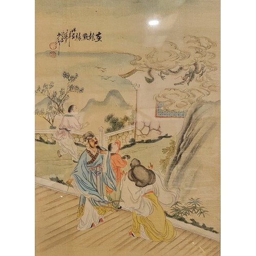 230 - A Chinese watercolour on silk depicting a family looking up at a cloud dragon, 14.5