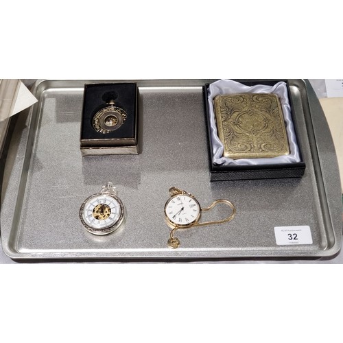 32 - A Sekonda mechanical pocket watch, two other mechanical pockets watches and a brass cigarette box.

... 