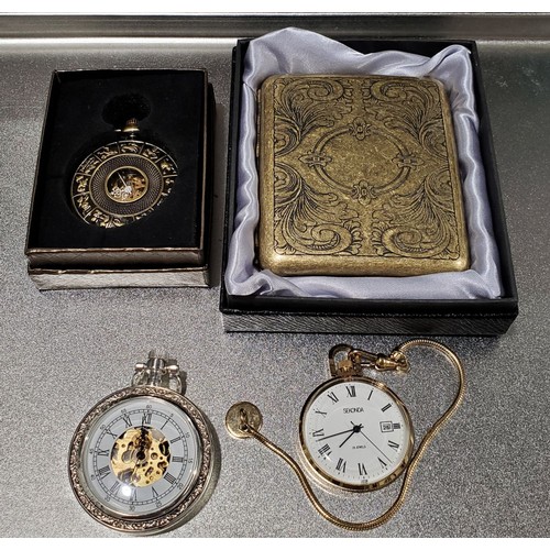 32 - A Sekonda mechanical pocket watch, two other mechanical pockets watches and a brass cigarette box.

... 