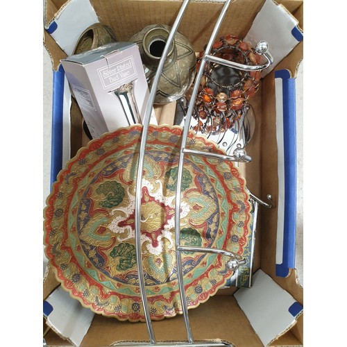 82 - A box of metal ware including a vintage boxed pickle dish. No shipping. Arrange collection or your o... 