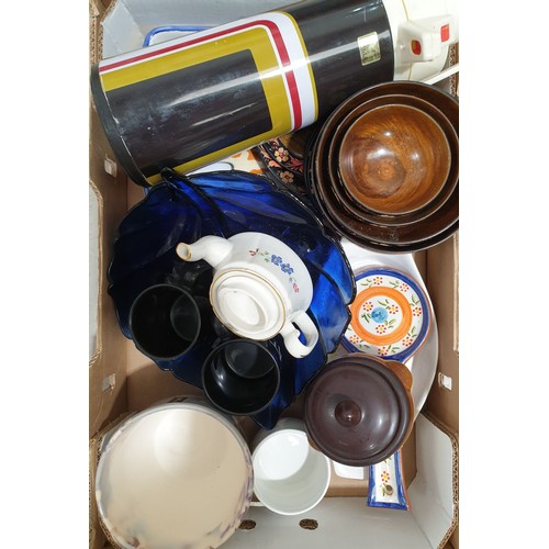 83 - A box of glass and ceramics and a vintage flask. No shipping. Arrange collection or your own packer ... 