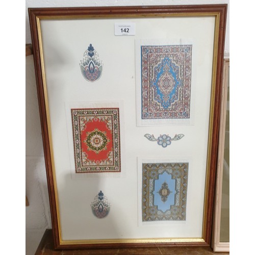 142 - Three silk eastern carpets mounted in a frame, each carpet 6.25