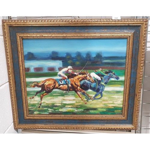 151 - An oil on canvas painting depicting horse racing, signed Duford,16