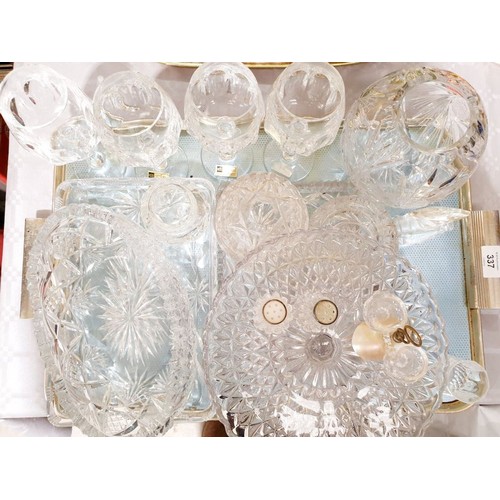 337 - A tray of cut and other glassware including a salt and pepper with mother of pearl tops. No shipping... 