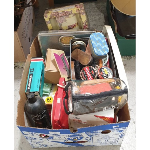 124 - A box of assorted including shoe cleaning equipment. No shipping. Arrange collection or your own pac... 