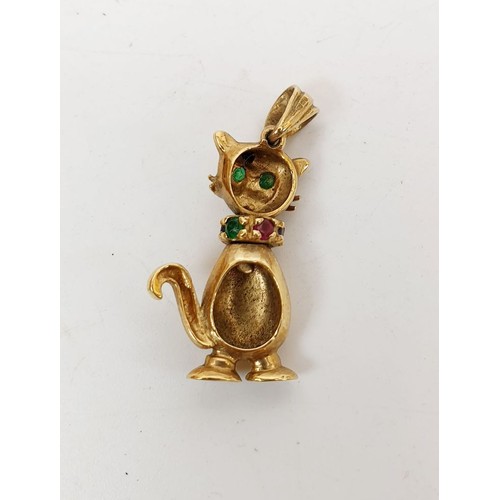 282 - A 9ct gold pendant in the form of a cat set with green, red and blue stones, weight 3.6g. UK shippin... 