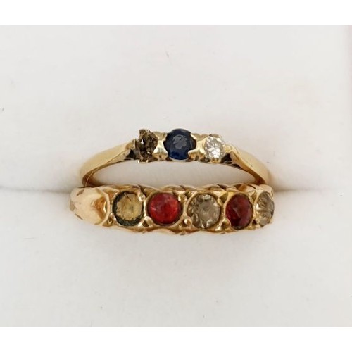 287 - A hallmarked 9ct gold ring set with blue and white stones A/F, weight 1g, size K/L together with a g... 