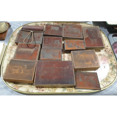 8 - A tray of twelve vintage printing blocks, mainly farm animals. UK shipping £14.
