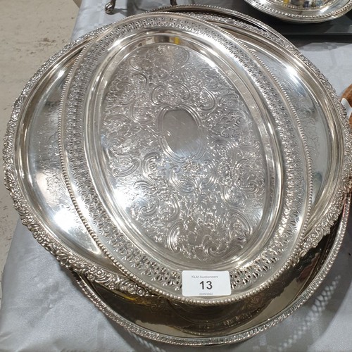 13 - Three silver plate serving trays, the largest being 16.5