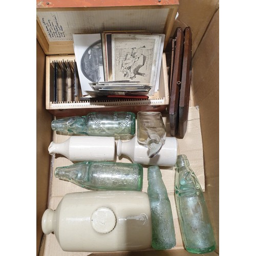 26 - A box including antique photographs and vintage bottles. No shipping. Arrange collection or your own... 