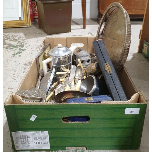 31 - A box of metal ware. No shipping. Arrange collection or your own packer and shipper, please.