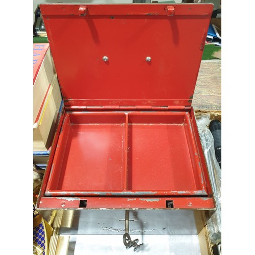 36 - A strong metal box with interior tray, width 9.5