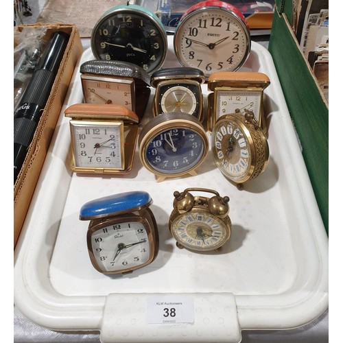 38 - A selection of vintage alarm clocks. UK shipping £14.