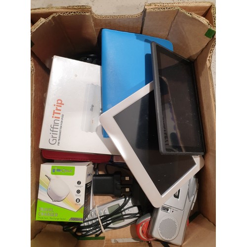 90 - A box of small electricals including tablets. UK shipping £14.