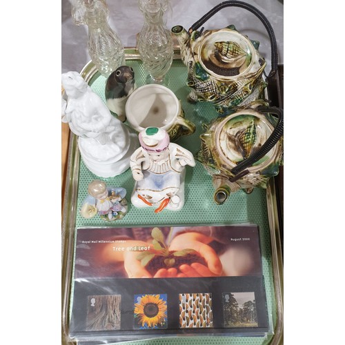 97 - A tray of ceramics including an antique Staffordshire figure together with a selection of stamps. No... 