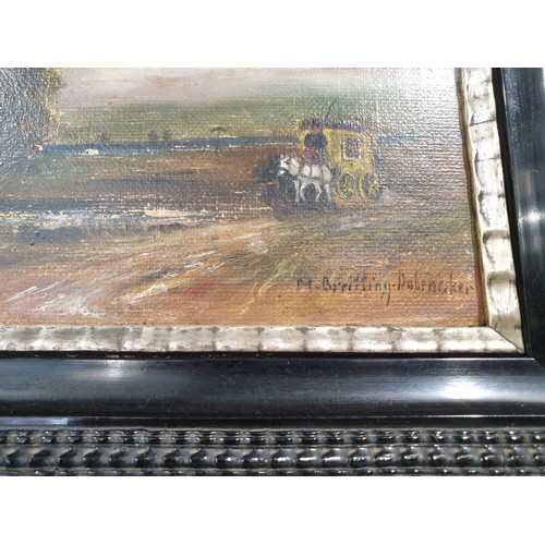 197 - German School: a 19th century oil on board painting with coach and horses in the country, indistinct... 