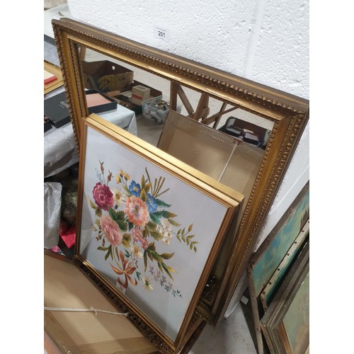 201 - A wall mirror, two needlework pictures and a footstool. No shipping. Arrange collection or your own ... 