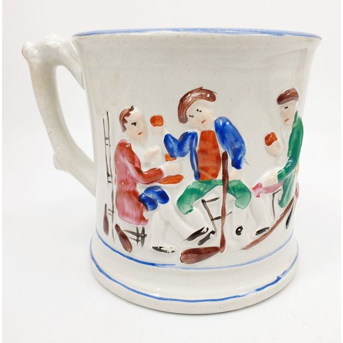 234 - An antique frog mug with relief hand painted figures, height 5.5