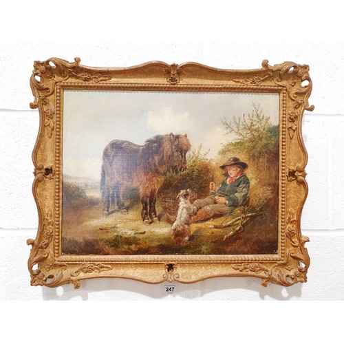 247 - English School: an oil on canvas painting depicting a boy on a beach with a horse and a dog, 12