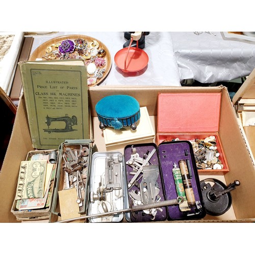 327 - A box of sewing machine accessories and a silver plated pin cushion. UK shipping £14.