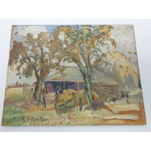 244 - Edith E. Foster: a pair of oil on panel paintings depicting farm scenes, 7