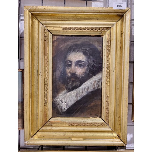 195 - An antique Old Master painting in the manner of Rembrandt, oil on paper on board depicting a portrai... 