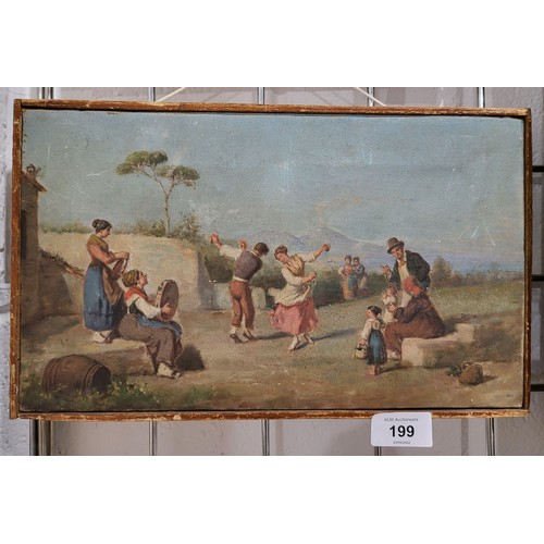 199 - Italian School, an 19th century oil painting on canvas depicting figures dancing with Mount Vesuvius... 