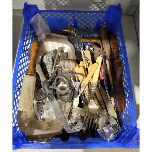 158 - A box of flatware, glass and assorted. UK shipping £14.