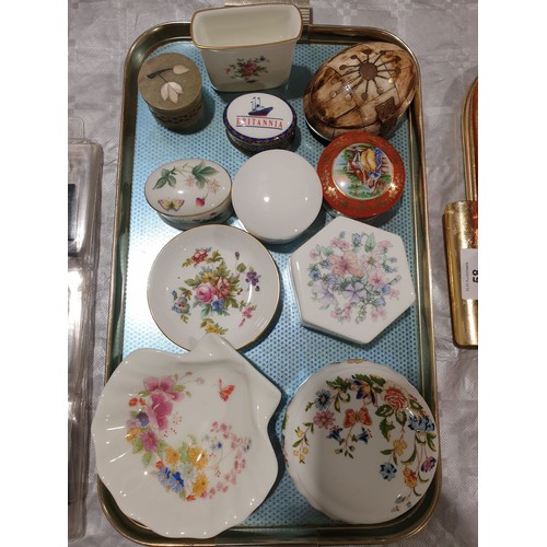 57 - A tray of trinket boxes and dishes including Aynsley, Wedgewood and Poole.