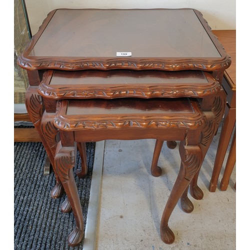 199 - A nest of three mahogany tables with glass tops. No shipping. Arrange collection or your own packer ... 