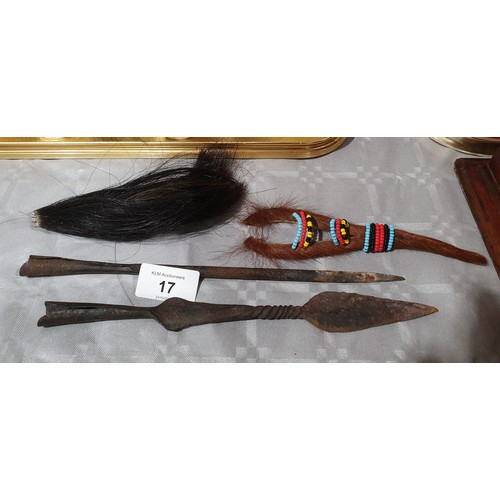 17 - Two tribal spear heads and covers, the longest 10