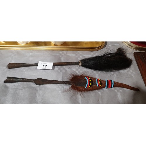 17 - Two tribal spear heads and covers, the longest 10