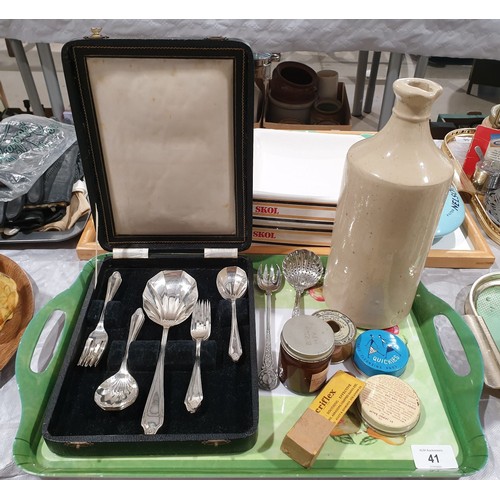 41 - A cased fruit set, other flatware, a stoneware ink bottle and vintage first aid items. No shipping. ... 