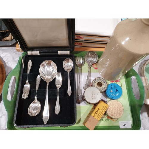 41 - A cased fruit set, other flatware, a stoneware ink bottle and vintage first aid items. No shipping. ... 