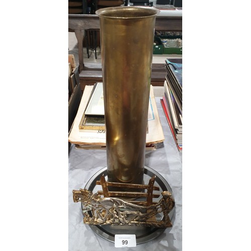 99 - A vase made from a 1943 dated shell case together with a metal letter rack. UK shipping £14.