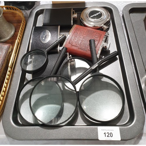 120 - Five hip flasks and five magnifying glasses. UK shipping £14.