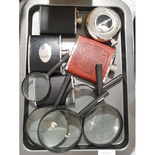 120 - Five hip flasks and five magnifying glasses. UK shipping £14.