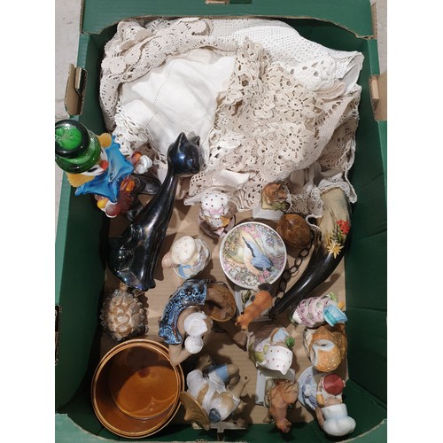 132 - A box of ornaments and soft goods including a Murano style clown. No shipping. Arrange your own pack... 