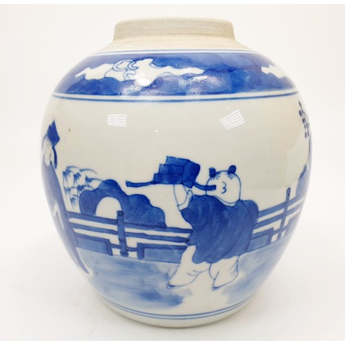 196 - A Chinese blue and white vase decorated with figures in a garden Ching Zung mark to the base, height... 