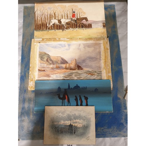 204 - A collection of seven watercolour paintings and an oil painting, the largest 18