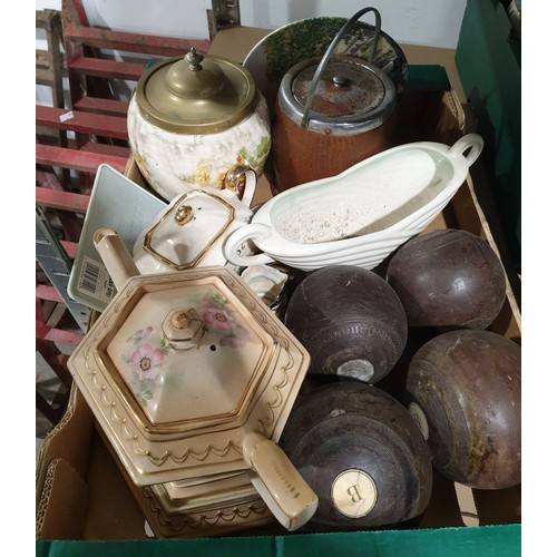 377 - A box including vintage crown green bowls and costume jewellery. No shipping. Arrange collection or ... 