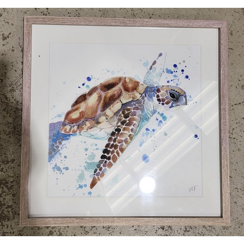 225 - A watercolour drawing of a turtle, needlework, a mirror and two prints. No shipping. Arrange collect... 