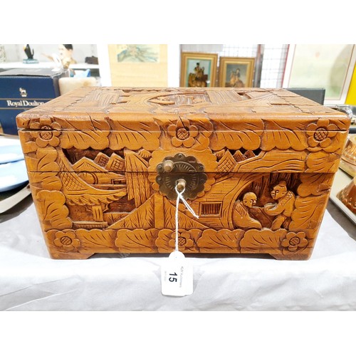 15 - A vintage carved camphor wood box, width 10