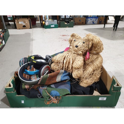 108 - A box including two decorative straw teddy bears. No shipping. Arrange collection or your own packer... 