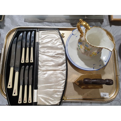 132 - A cased Art Deco knife set, a Wesleyan Mytholmroyd Sunday school plate and assorted. No shipping. Ar... 