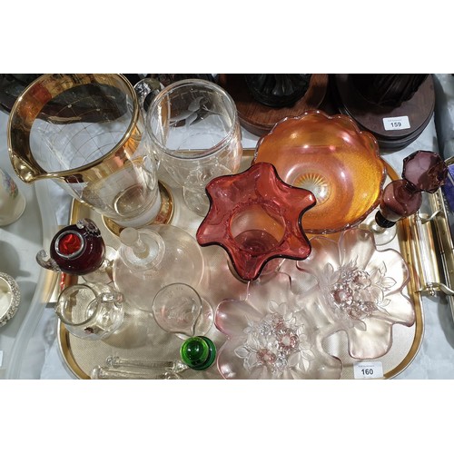 160 - A cranberry glass urn with a silver rim, a Mary Gregory style jug and other glassware. No shipping. ... 