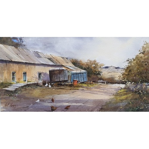 175 - Geoff Kersey: a watercolour drawing of a farmyard scene signed left, label verso, 8.5