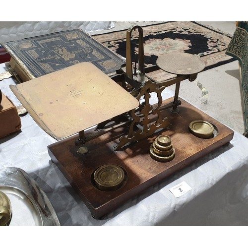 2 - An antique set of brass and wood postal scales by S. Mordan & Co, London, width 13